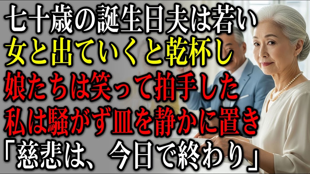 七十歳の誕生日の席で、夫は若い愛人と出ていくと乾杯し、娘たちは喜んで拍手した——私は騒がず、皿を脇に置き、彼女たちが知らなかった「事実」を静かに告げた【静かな復讐】【家族の裏切り】