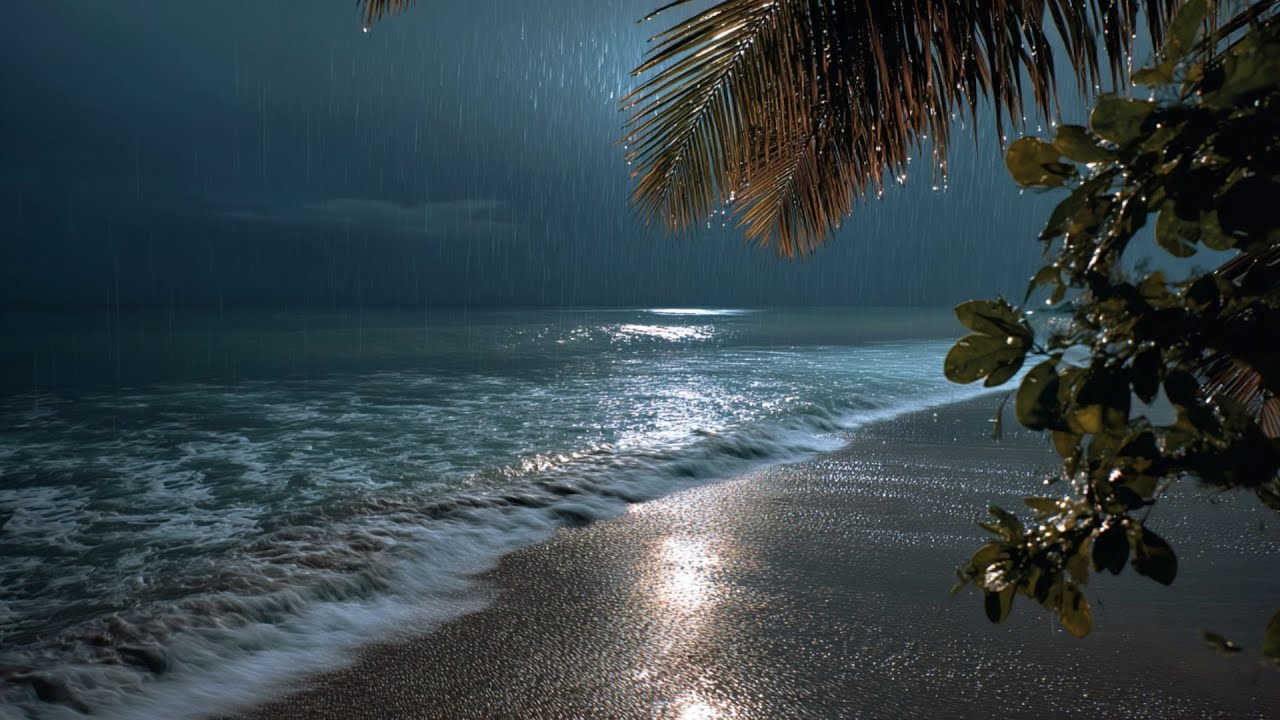 Dark Night Beach — Steady Rain & Ocean Waves for Deep Sleep (No Music • 8 Hours)