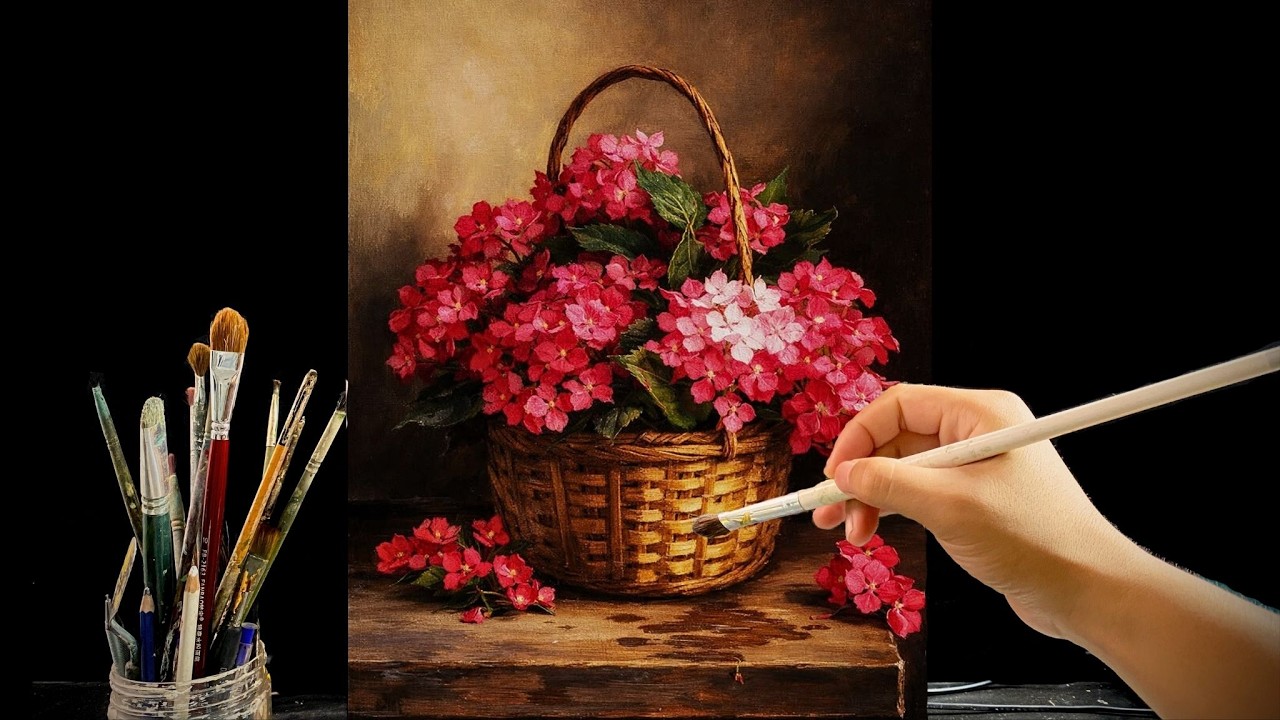 🌸 Vibrant Flower Basket on a Wooden Table | Relaxing Acrylic Painting Tutorial | #169
