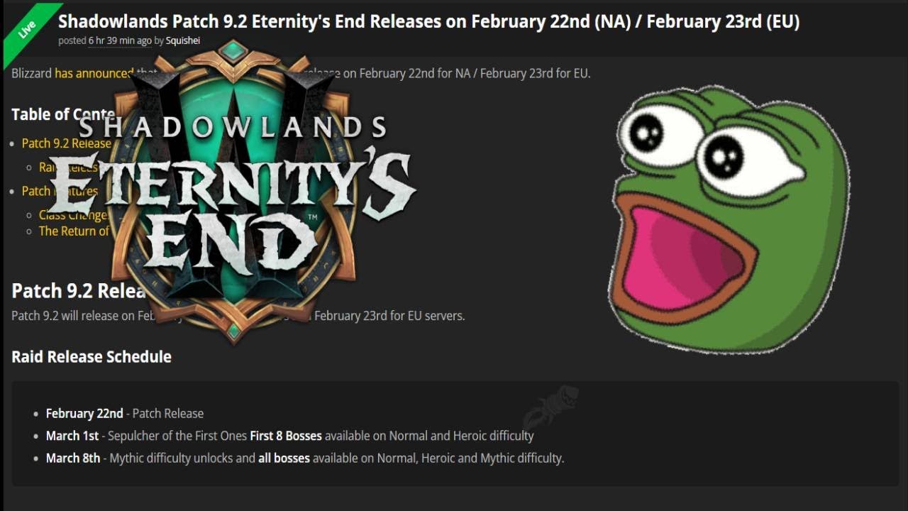 9.2 RELEASE DATE IS FINALLY HERE!!! | World of Warcraft Shadowlands | 9.2 Eternity's End