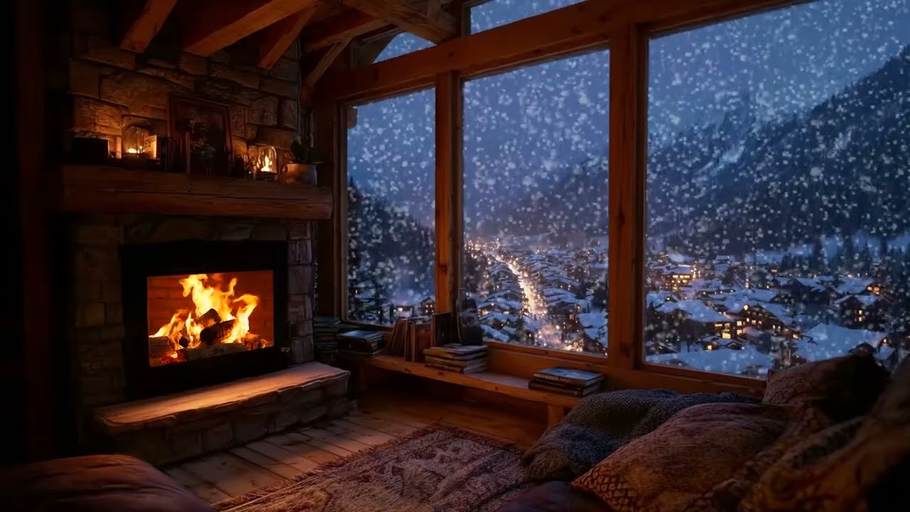Peaceful Snowy Cabin Night with Warm Fireplace Sounds | Deep Sleep, Insomnia & Anxiety Relief