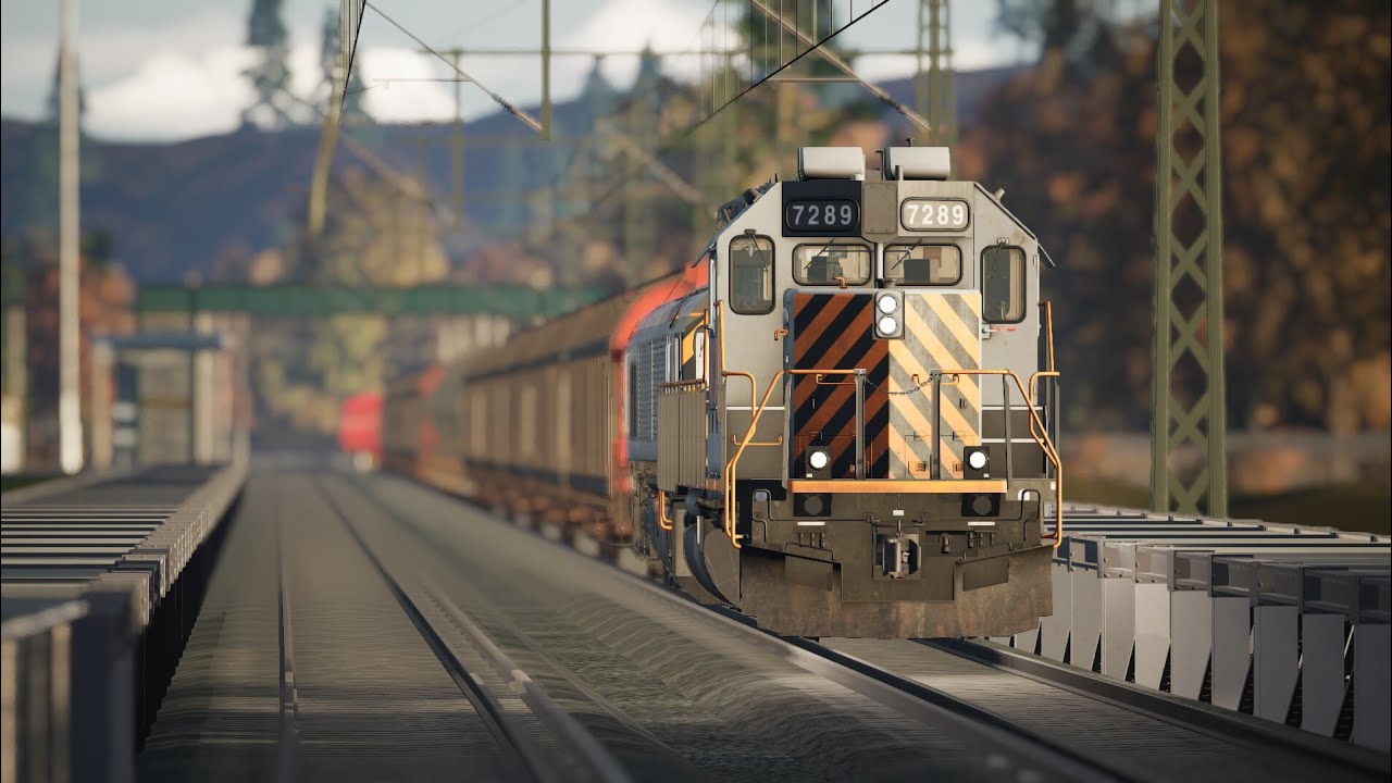 Driving a long freight train around the training center loop in TSW6 (powered by an EMD SD40-2)