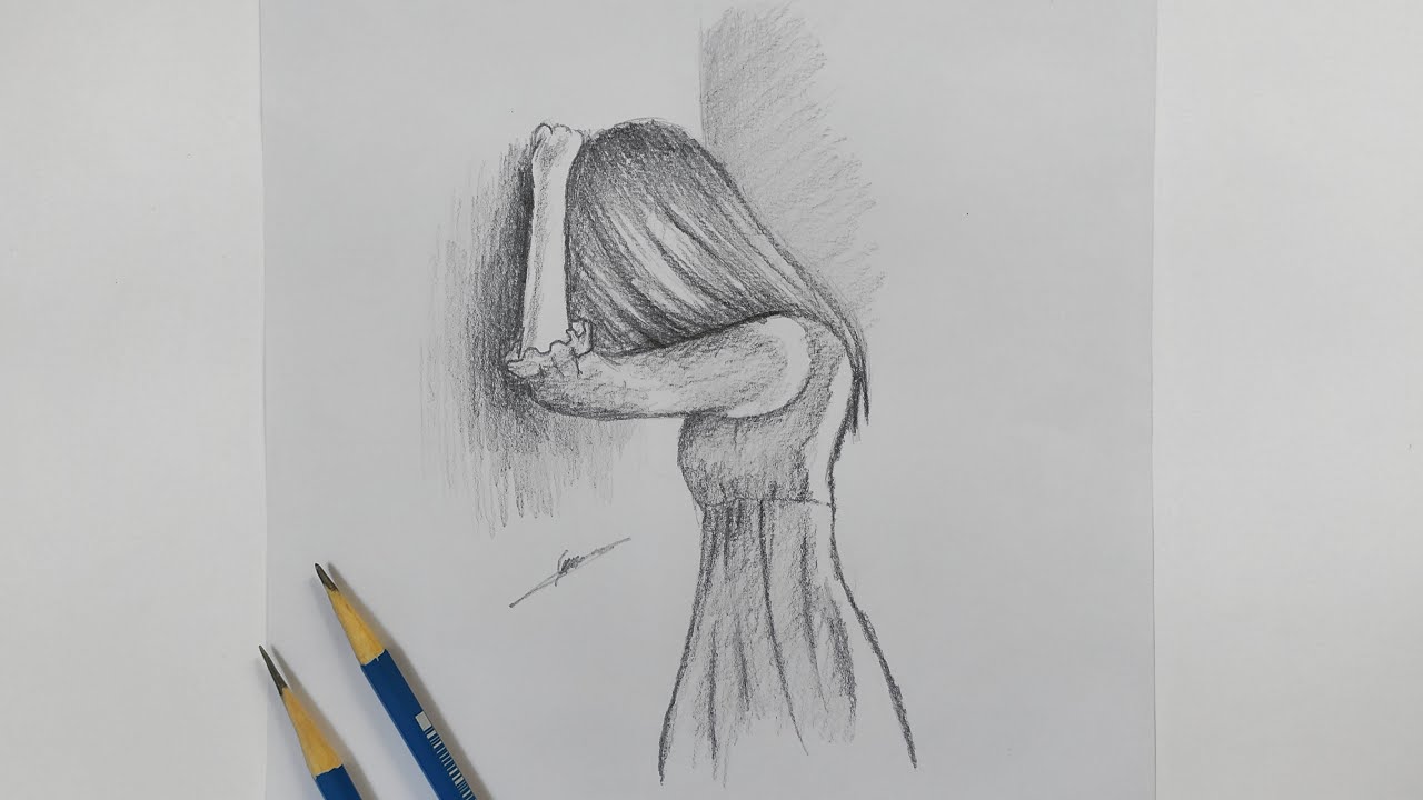 رسم سهل | رسم بنت حزينة تبكي بالرصاص - رسومات تعبيرية سهلة رسم حزين | رسم دموع فتاة للمبتدئين