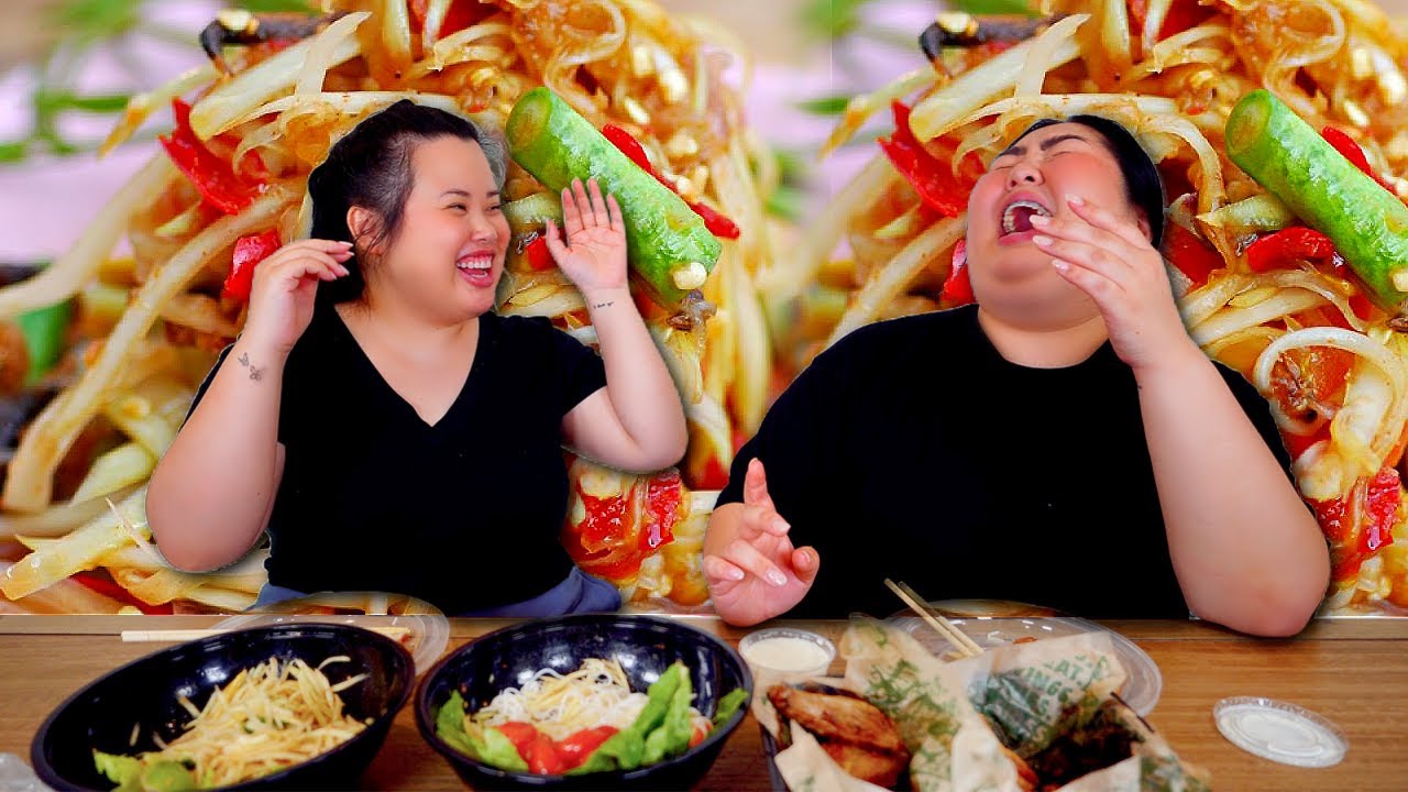 Lao Papaya Thum Mak Hoong with Noodles + Wingstop Chicken Wings 먹방 Eating Show with Michelle! YUM!