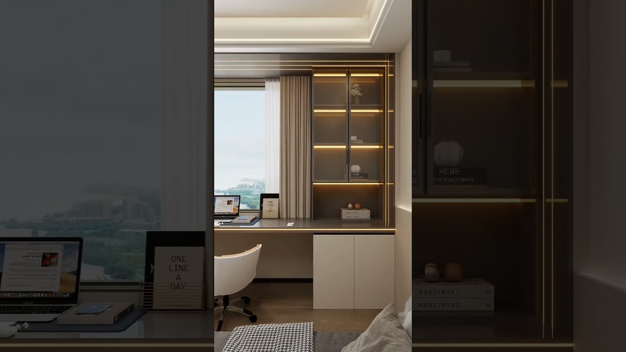 Minimalist home office interior design #VrishtiDesigns #HomeOfficeDesign #BedroomWorkspace #shorts