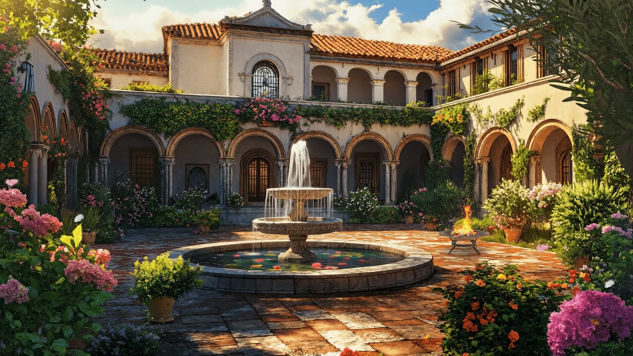 Peaceful Summer Courtyard Ambience 🌼🔥  Calming Nature for Studying or Reading