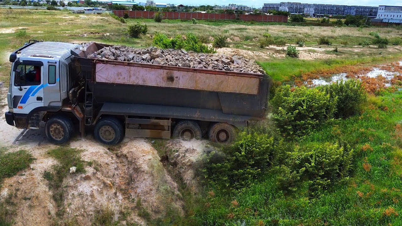 AMAZING..!! START Project LANDFILL By EXPERT Skill Driver DOZER SHANTUI And 5T Trucks Unloading Soil