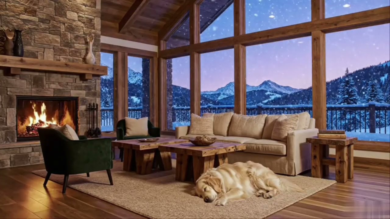 Cozy Snowy Cabin Ambience ❄️ Fireplace Sounds 🔥& Sleeping Dog🐶 for Deep Sleep & Relaxation [3 Hours]