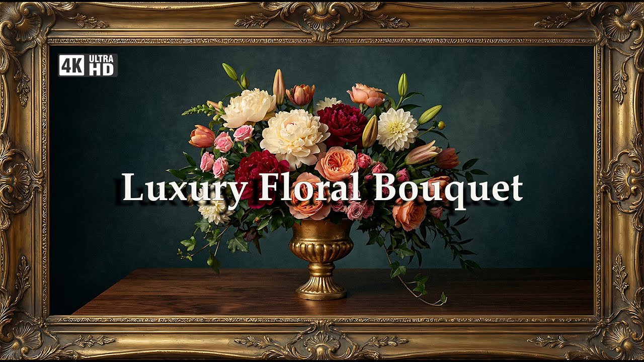 Luxurious Mixed Floral Bouquet | Gold Framed 4K Art Screensaver | Rich Peony & Rose TV Wallpaper