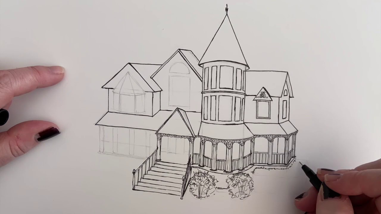 Process drawing of haunted Victorian house.