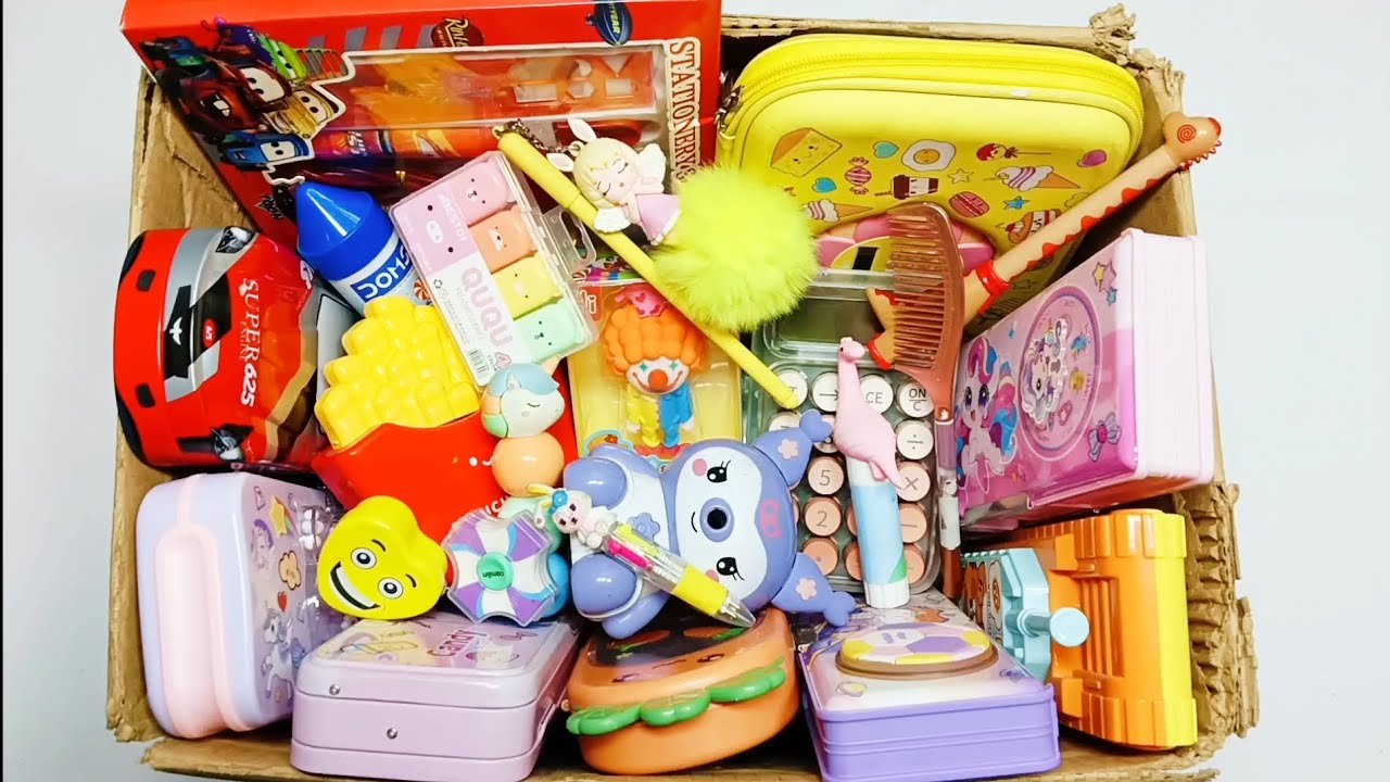 Fantastic stationery items, unicorn 🦄 pencil box, doms wax crayons, calculator, kuromi Sharpener