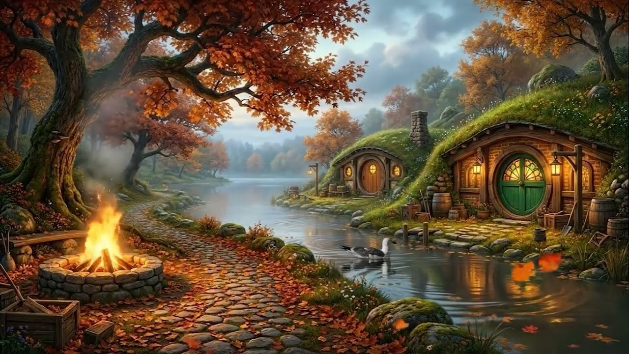 Hobbit House at Golden Hour during  Magical Autumn | Beside  Peaceful Stream and Fireplace