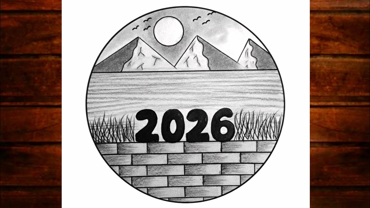 Happy New year 2026 drawing | New year drawing 2026 | Easy circle scenery drawing for beginners