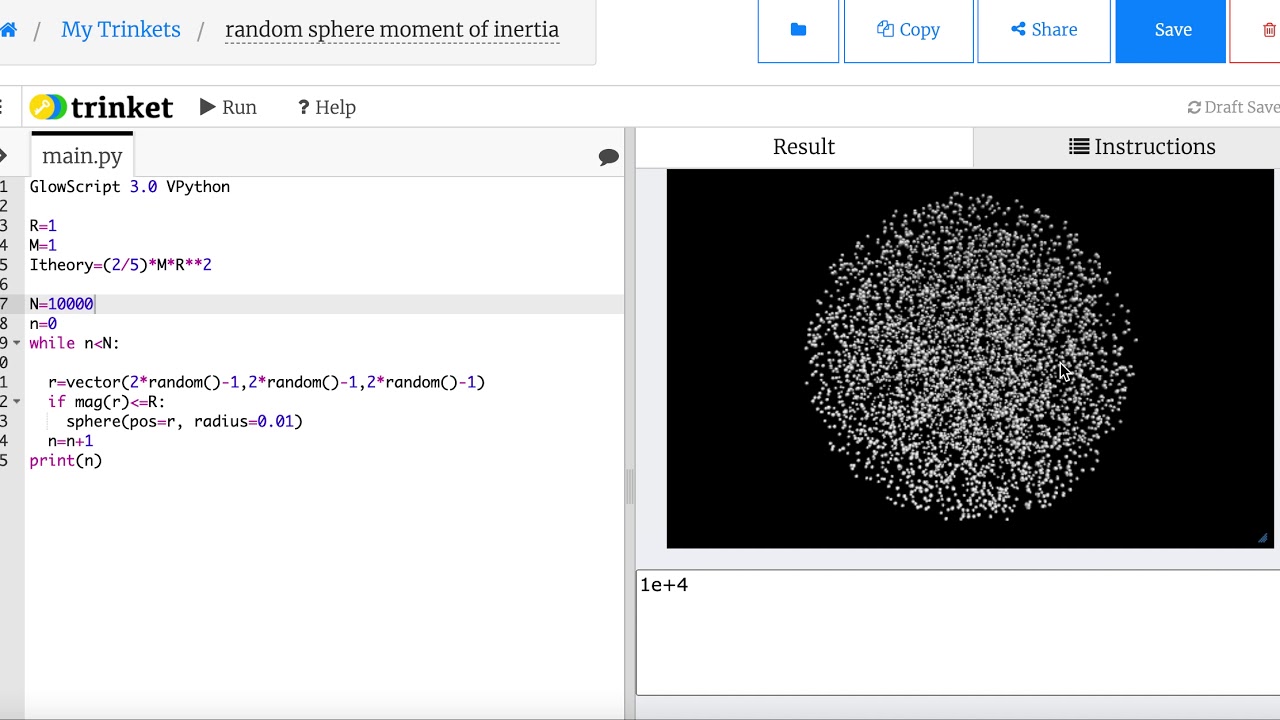 Finding the moment of inertia for a sphere by making 1000 random points.