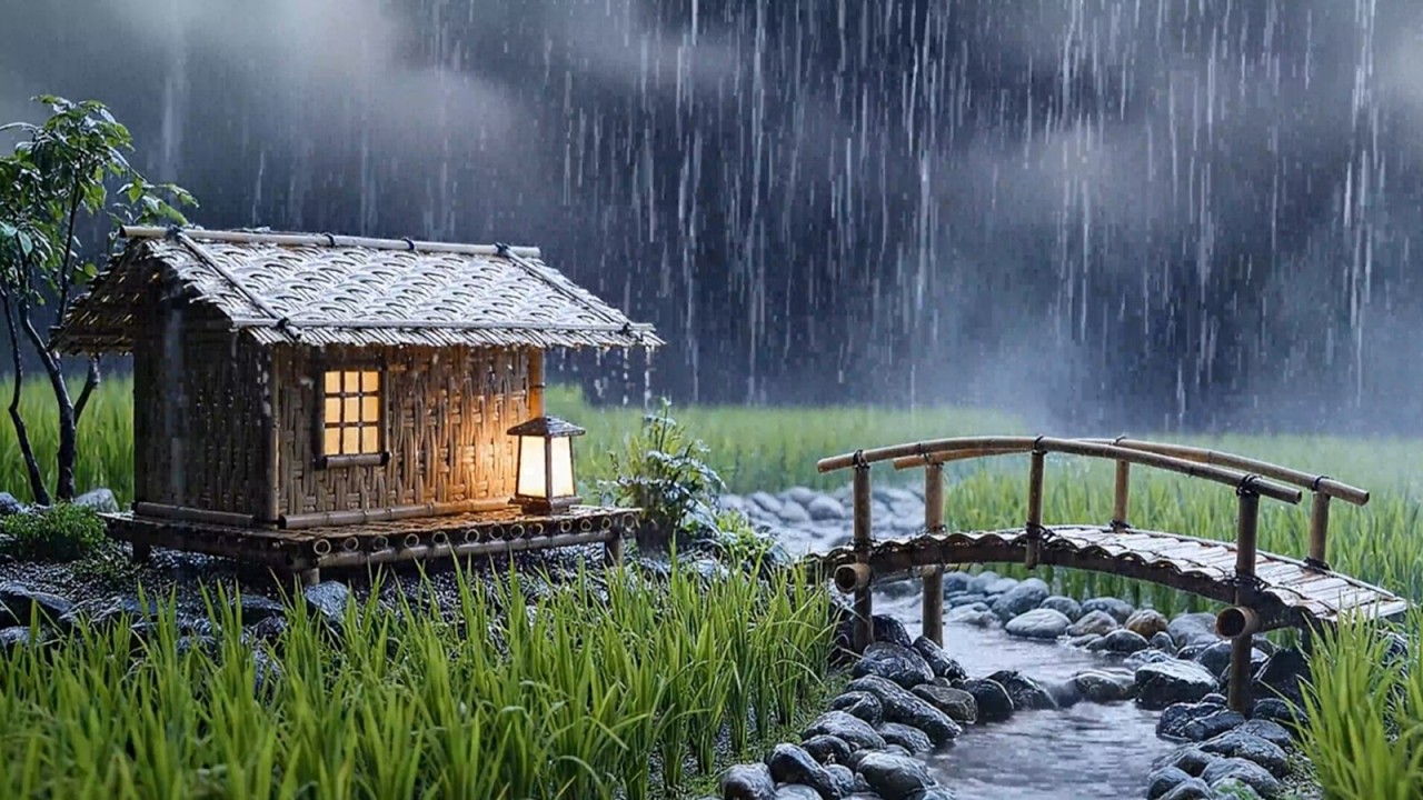 Heavy Rain on Bamboo Hut & Wooden Bridge 🌧️ Relaxing River Sounds for Deep Sleep and Stress Relief
