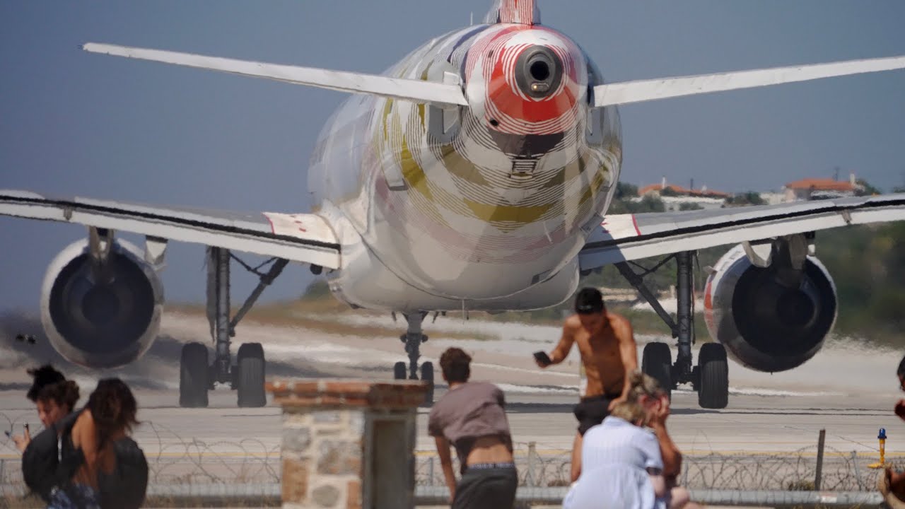 JET BLASTS, Go Around & Low Landings at Skiathos Airport