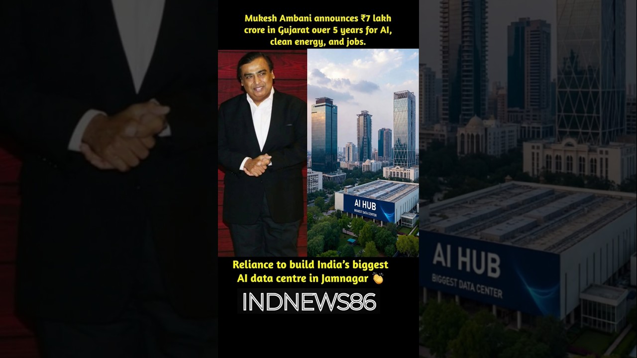 Mukesh Ambani announces ₹7 lakh crore in Gujarat over 5 years for Al, clean energy, and jobs.