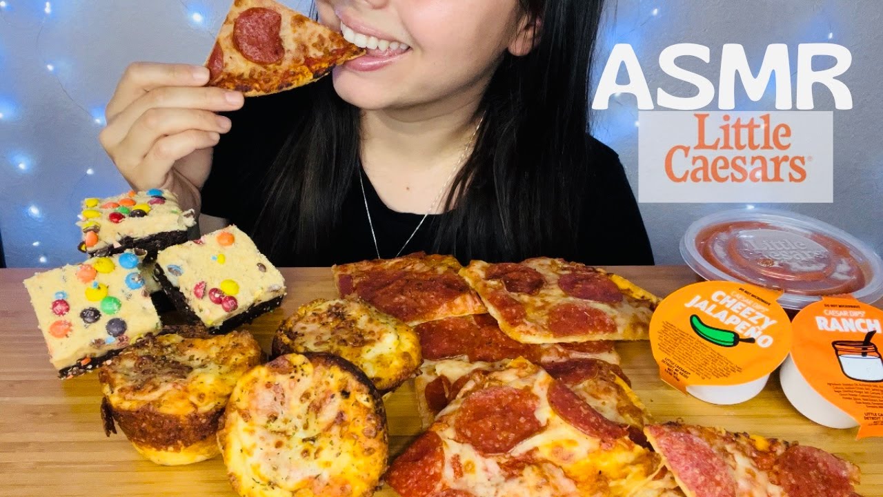 I'M BACK!!! ASMR LITTLE CAESARS THIN CRUST PIZZA, PEPPERONI CRAZY PUFFS & COOKIE DOUGH BROWNIE M&MS