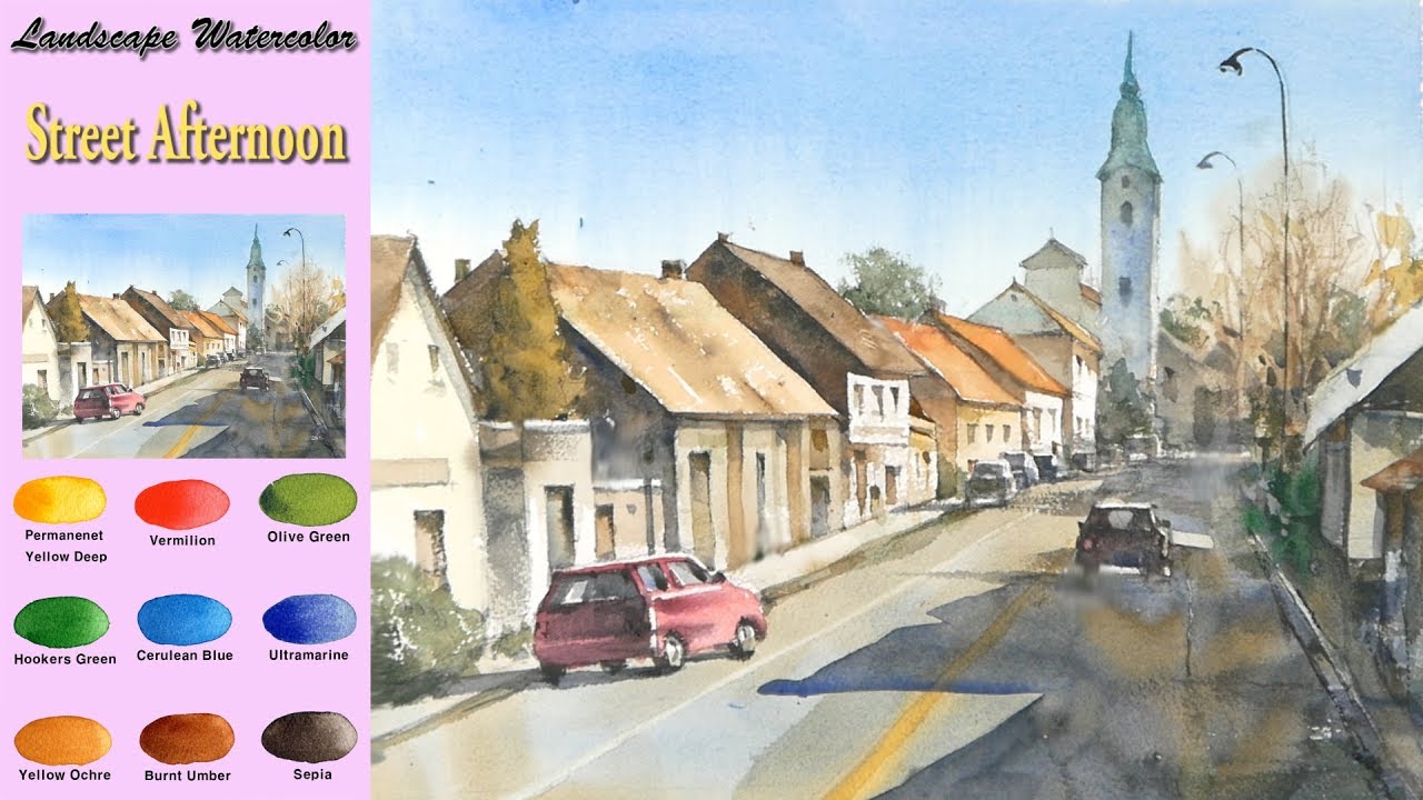 Улица во второй половине дня - основной Пейзажная акварель (sketch & coloring, Arches rough)