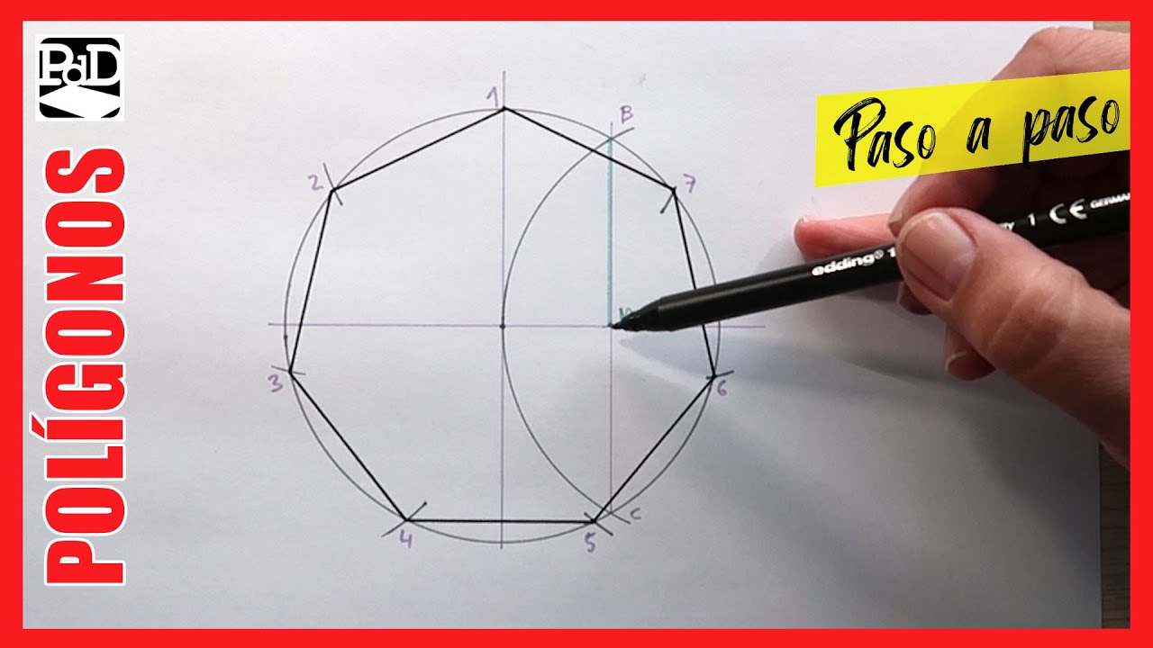 Heptágono Inscrito en Circunferencia. Dibujo Técnico sobre papel paso a paso.