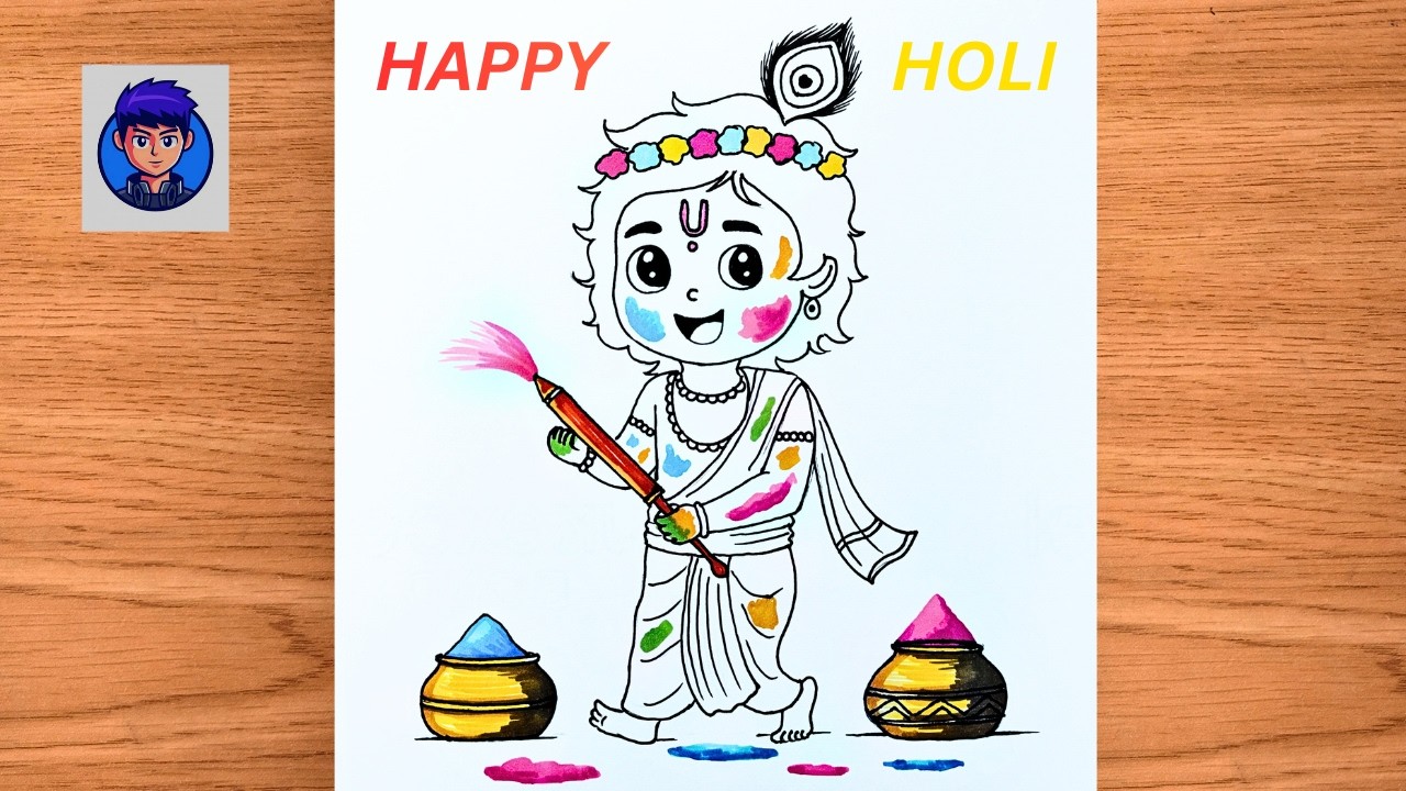 How To draw Cute Krishna Ji Playing Holi Drawing | Easy Step by Step Holi Special Drawing