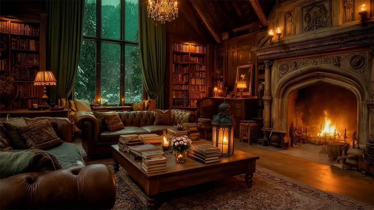 Cozy Victorian Reading Room | Snowstorm Outside & Warm Fireplace Ambience | Dark Academia Piano
