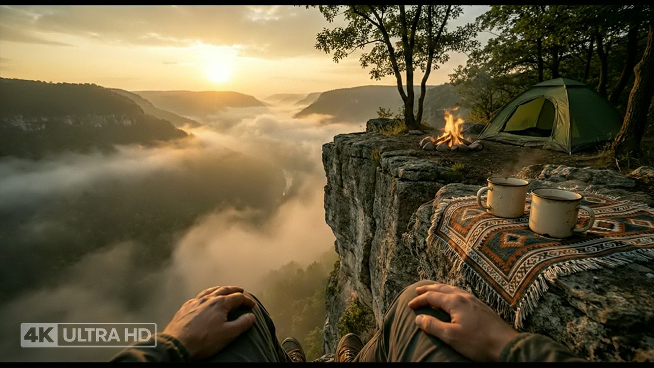 Cliffside Camping Ambience | Foggy Sunrise, Cozy Fire Sounds