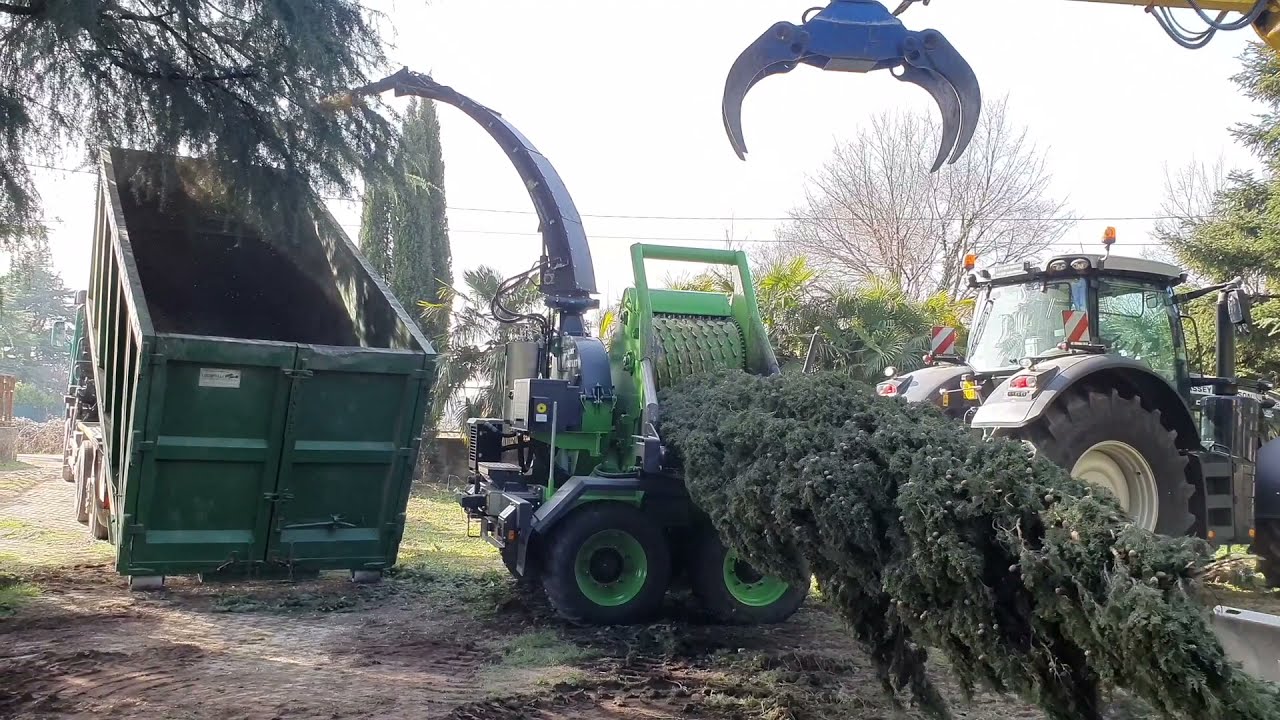 Cippatore Heizohack HM 10-500 KT, azionato da un trattore 🚜 Massey Ferguson, al lavoro con pini 🌲🌲🌲