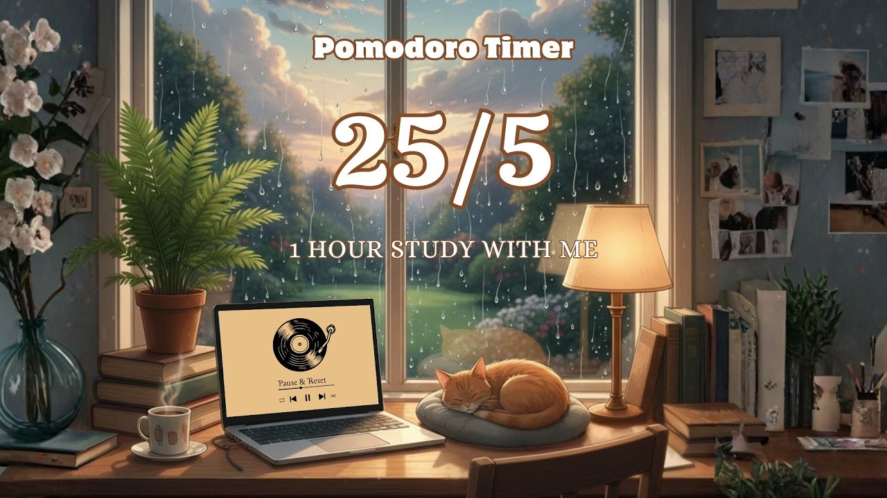 1 Hour Study With Me Pomodoro 25/5🌧️ Rainy Day in Anime Style | Chill Lofi, Orange Cat & Deep Focus
