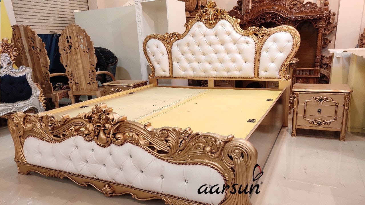 #189 Gold Painted King Size Bed with Side Table & Contemporary Fabric@Aarsun