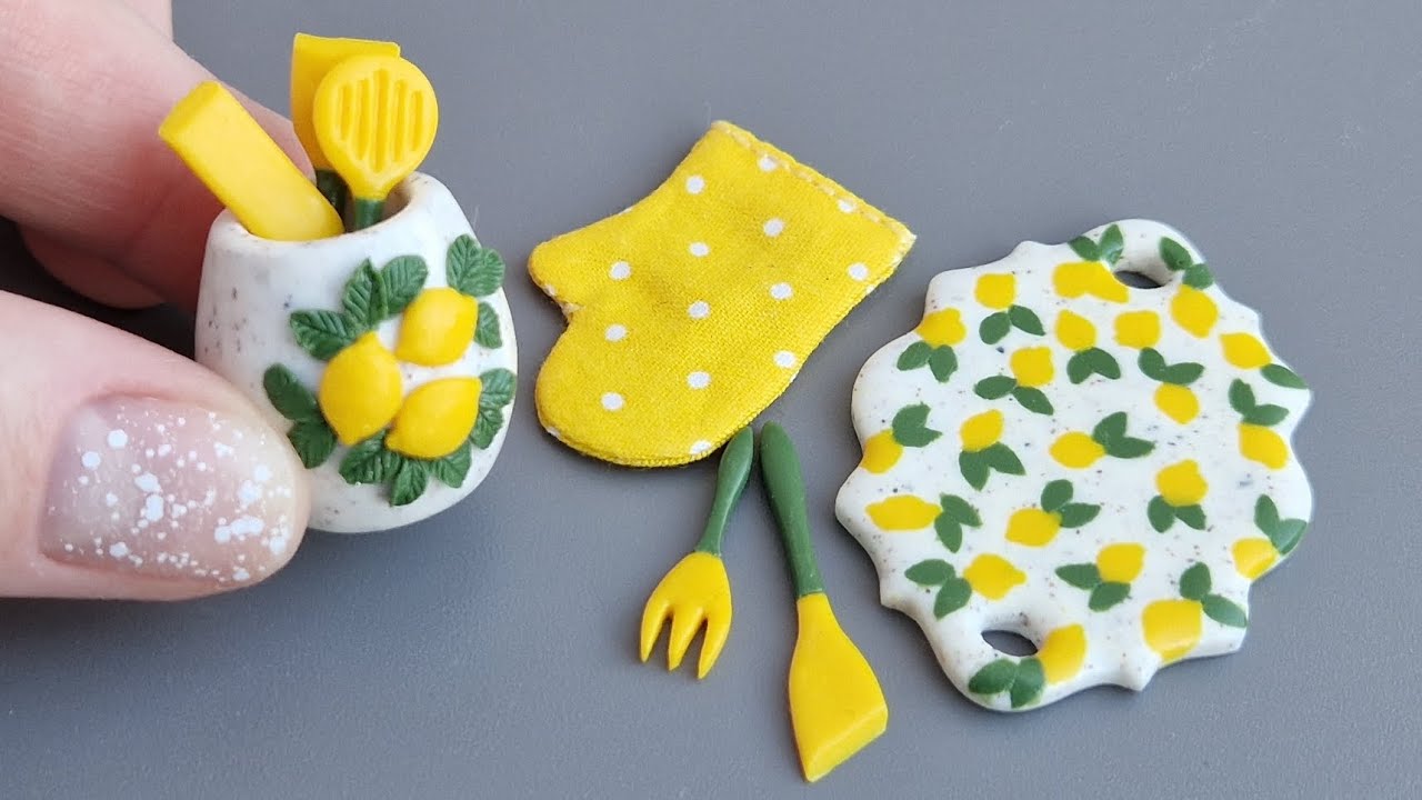 Miniature set of kitchen utensils with lemon pattern🍋🍋🍋\DIY Polymer clay\Tutorial\Fimo Botanical