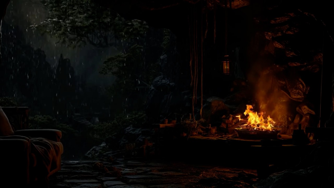 Ad Free Deep Sleep in a Warm Cave 🌧️ Gentle Rain & Fireplace Ambience to Relax After a Long Day 🔥😴