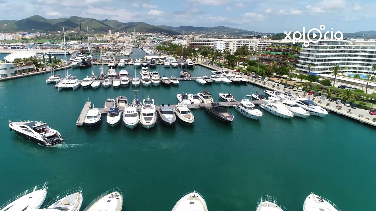 Marina Botafoch, Port Esportiu Marina d'Eivissa, Ibiza, Baleares, Spain 2018.06 aerial video