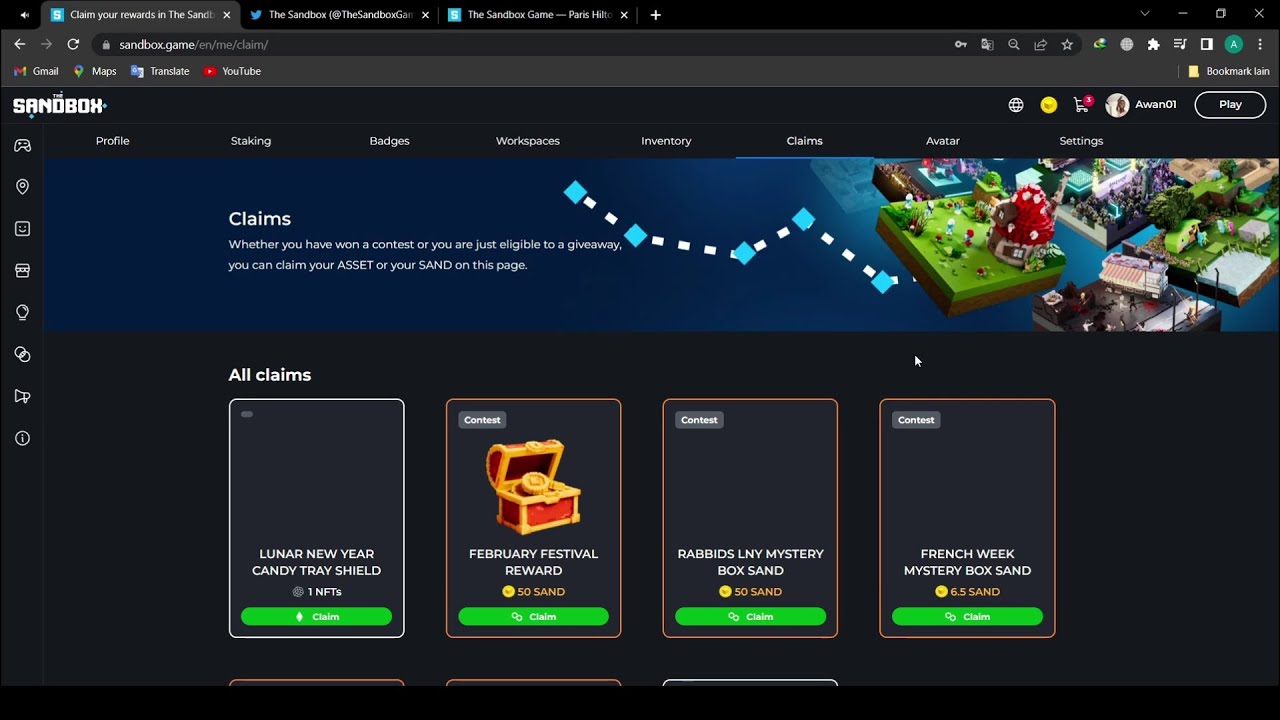 Sandbox Game Rewards Claim