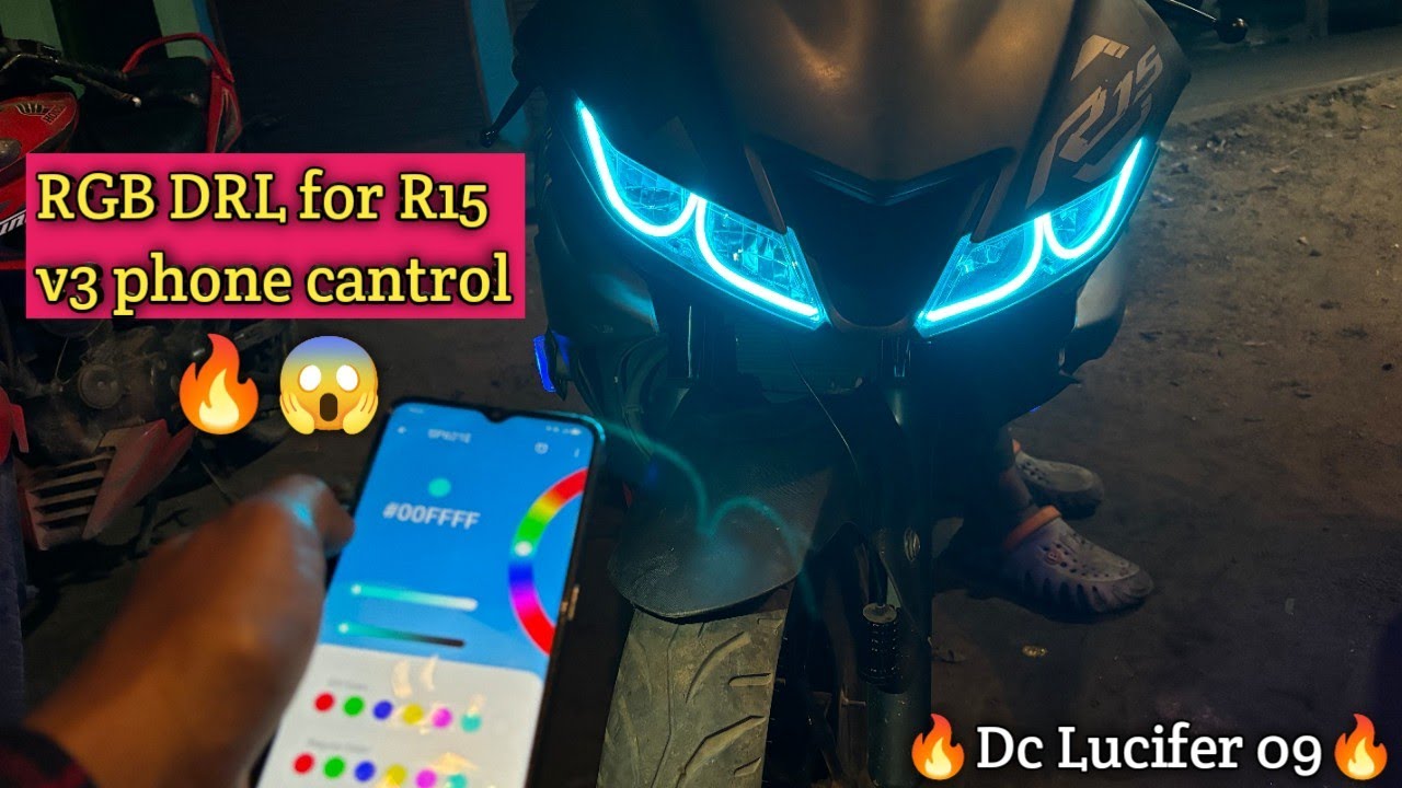 RGB DRL for R15 v3 phone cantrol😍| R15 head light modified🔥| RGB Bluetooth DRL Modified❣️😱