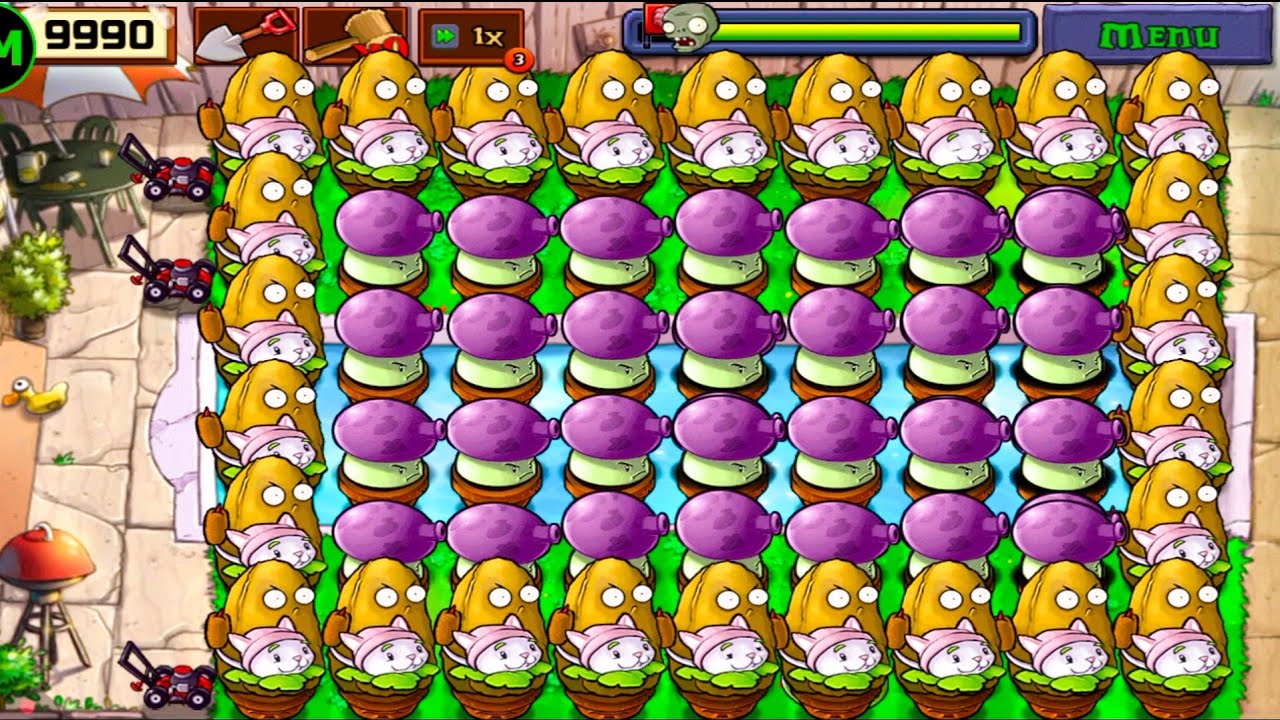 Plants Vs zombies Survival Pool Fume Shroom Tall Nut+Cattail Vs All Zombies Gameplay Challenge 