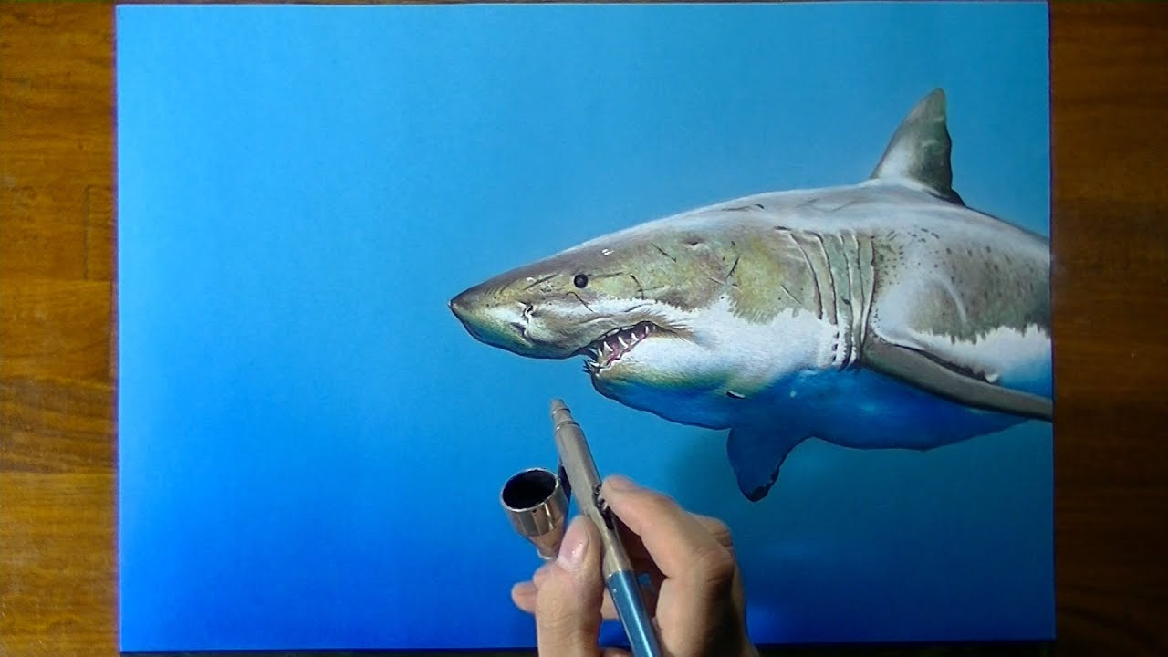 Drawing Time Lapse: a cute shark - art on blue paper