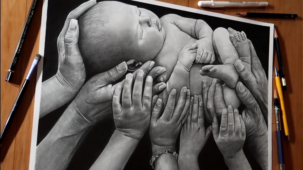 Hyper realistic drawing of Baby with 10 Hands 😍