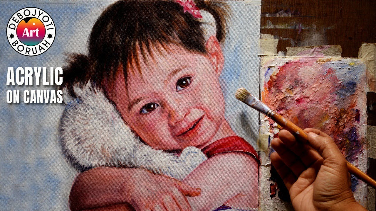 HOW TO PAINT A CUTE GIRL WITH A DOLL | ACRYLIC PORTRAIT PAINTING ON CANVAS BY DEBOJYOTI BORUAH