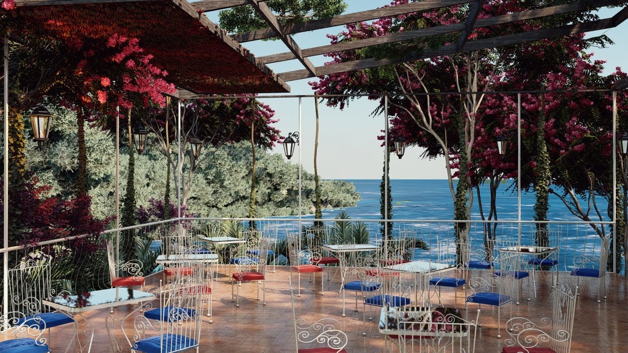 Outdoor Seaside Cafe Ambience with Beach View, Bossa Nova Music and Ocean Wave Sounds
