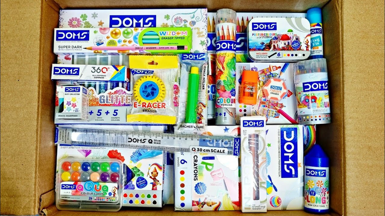 Unboxing DOMS Stationery, Modelling Dough, Pencil, Oil Pastel, Poster Colour, Eraser, Colour Tubes