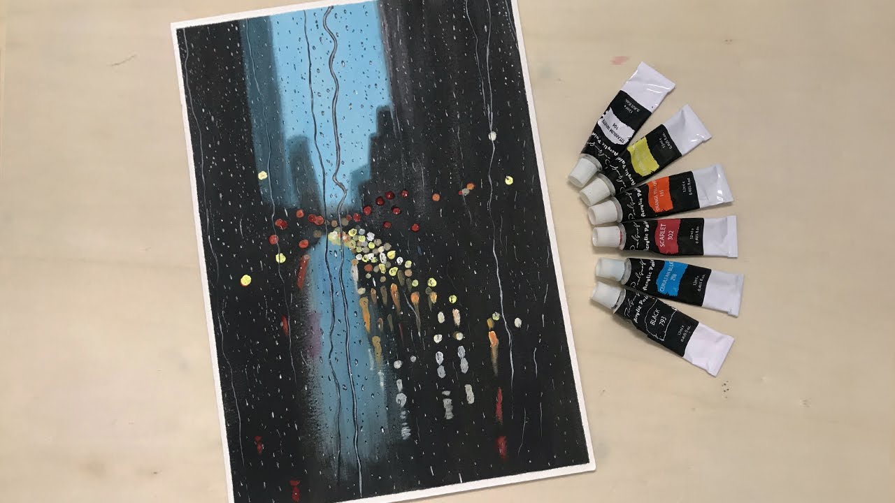 Rainy Window Night Street View/ Acrylic Painting/ Daily Challenge #34