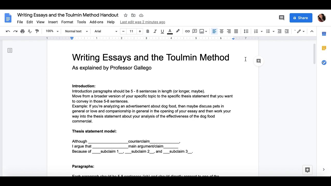 Writing Essays and Using the Simplified Toulmin Method