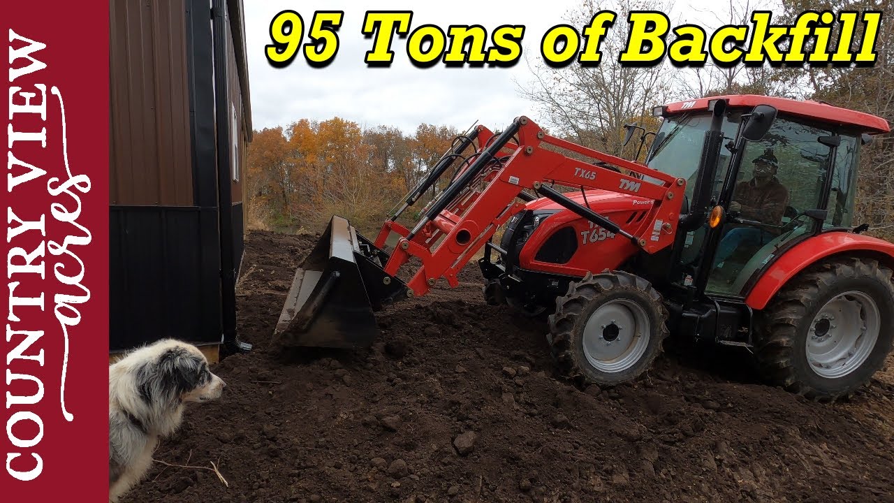 Обратная засыпка западной стороны амбара на Поул. Загрузка 5 самосвалов. Перемещение грунта с пом...