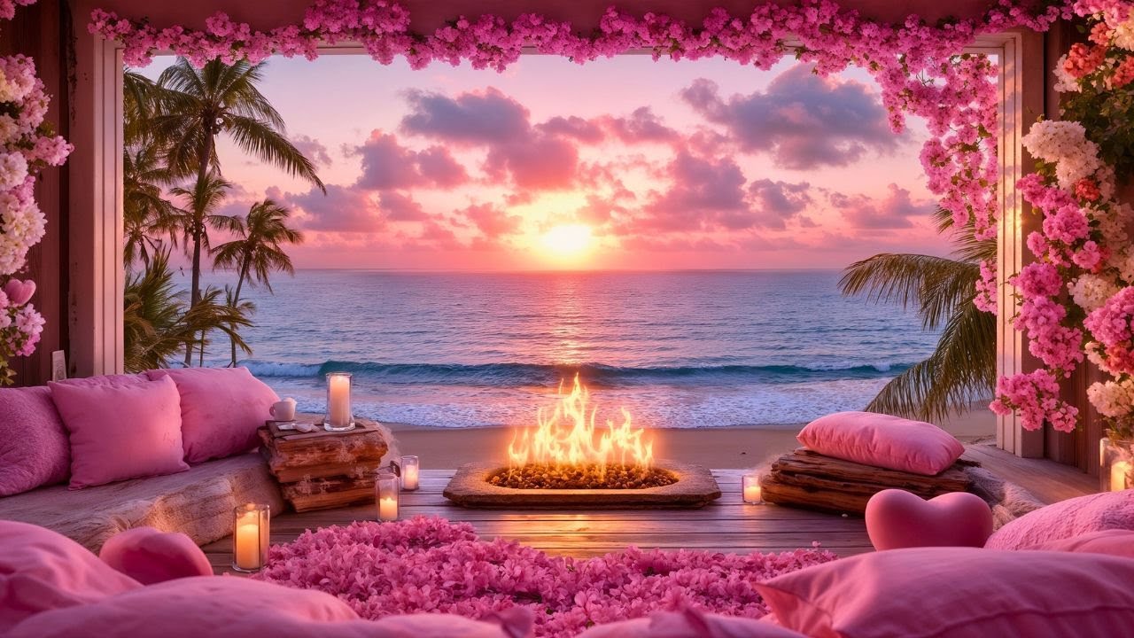 💗🌊 Dreamy Pink Valentine’s Beach Escape 💕 Ocean Waves, Gentle Fireplace Sounds & Soft Healing Music