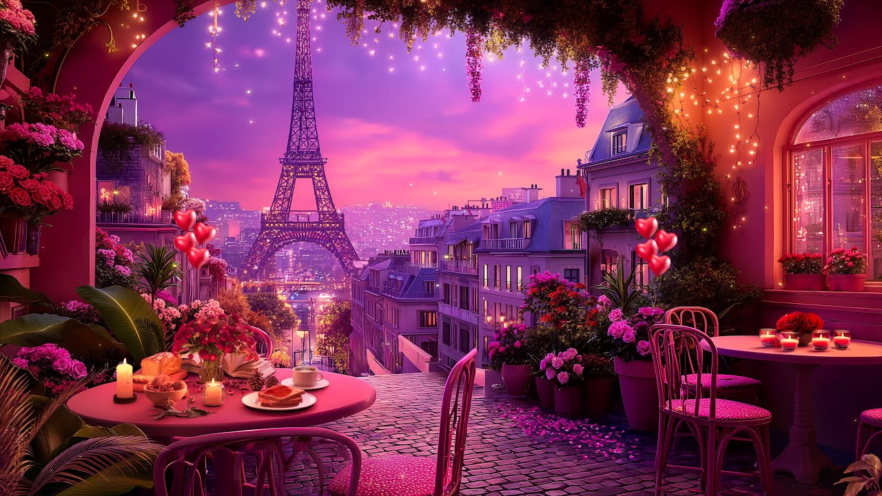 Paris Valentine Romance Jazz 🌹 Pink Café Balcony, Eiffel Tower Lights & Love Vibes