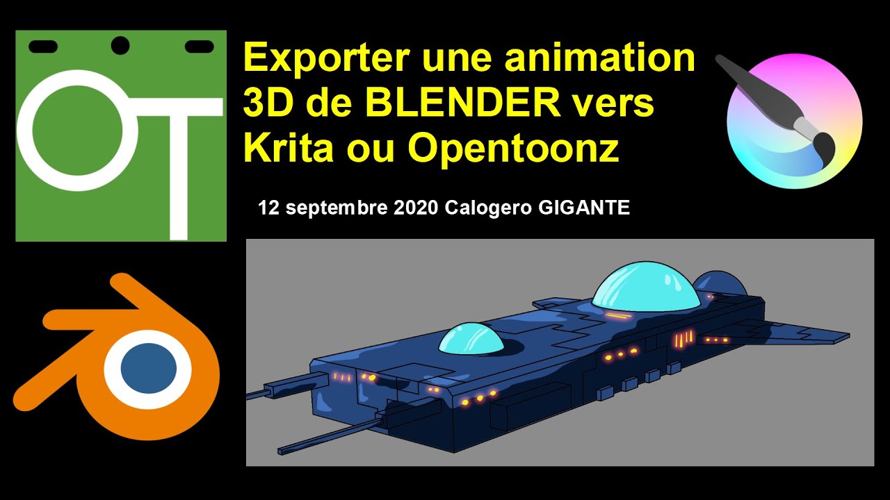 Export d'une animation d'un vaisseau 3D (en lignes Freestyle) de Blender vers Krita ou Opentoonz