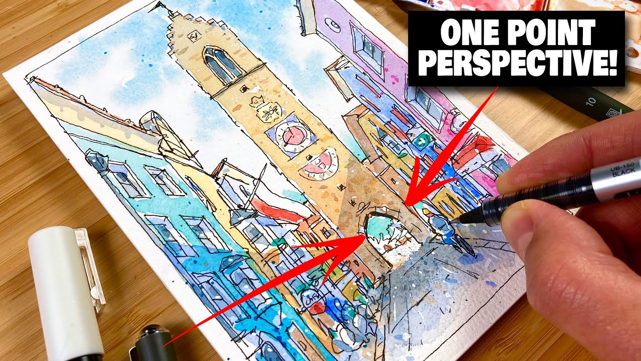 Urban Sketching Tutorial Step By Step - Street In ONE POINT PERSPECTIVE!
