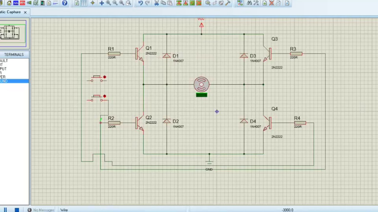 DC motor driver circuit simulation in proteus (H-Bridge Motor Driver) Change direction of rotation.