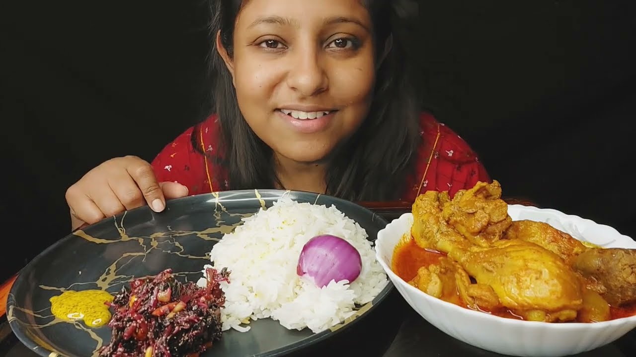 Eating Show - Rice, Spicy chicken curry, lal saag vaja | Poulami eating show